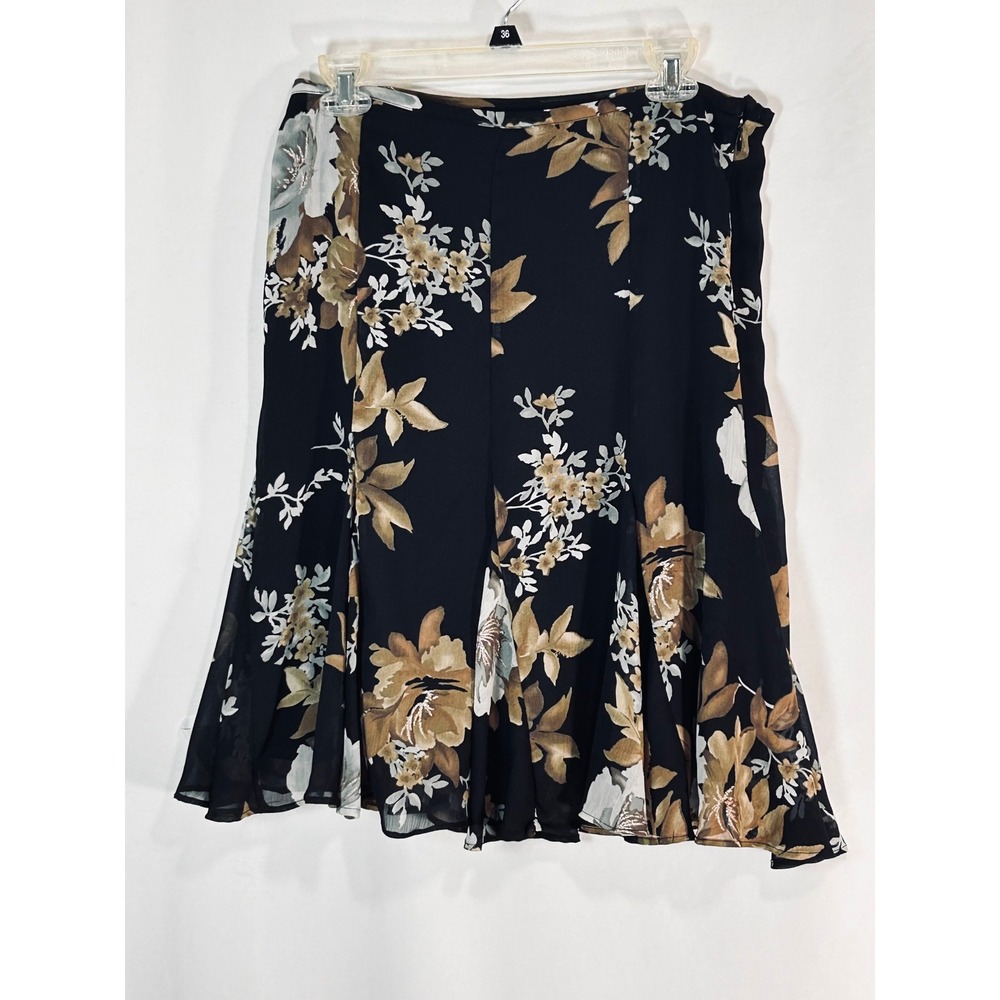 Apt 9 Womens Floral Chiffon Midi Skirt Black Tan Botanical Flared Godet Pleat